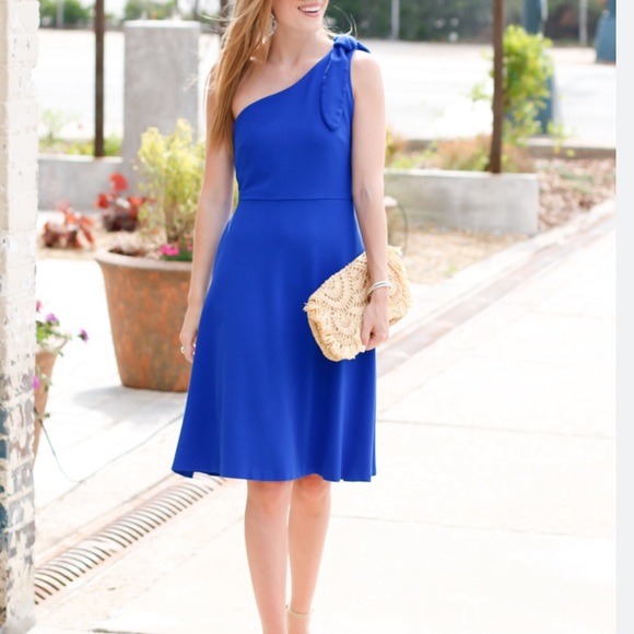 BR Blue Dress One Shoulder Bow A-line Banana Republic Cocktail Wedding Guest - Picture 3 of 9
